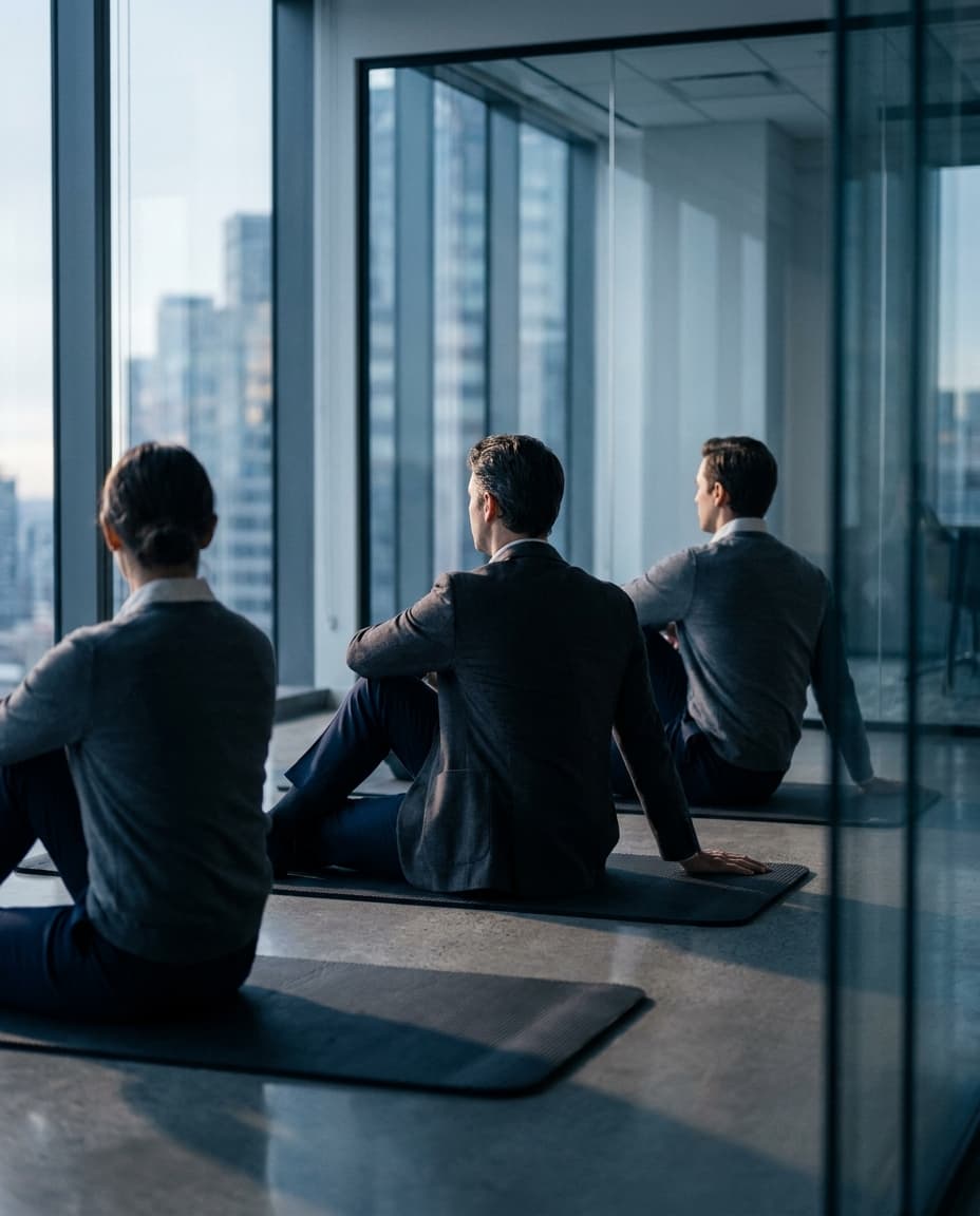 Mitarbeitende beim wöchentlichen Büro-Yoga direkt am Arbeitsplatz