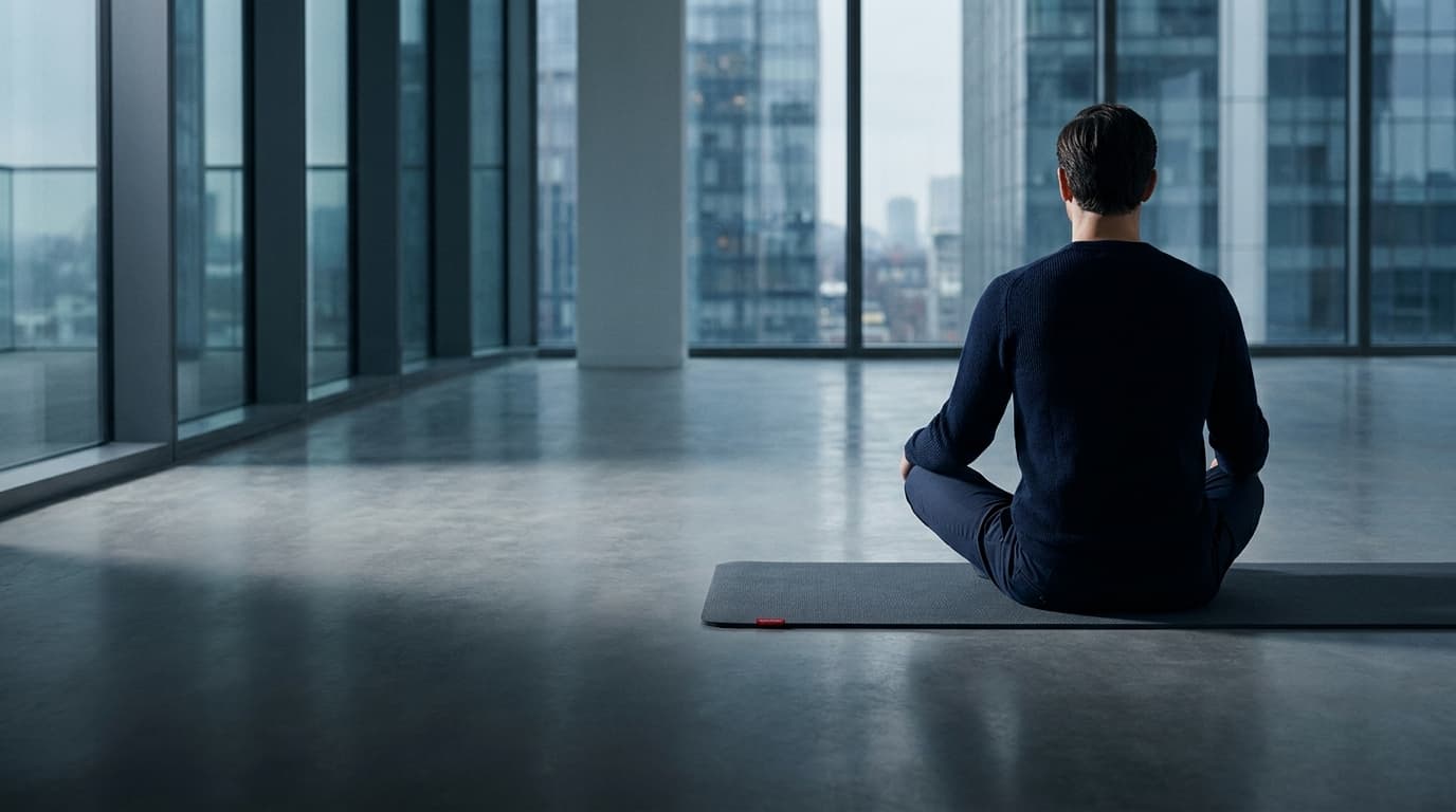 Person in ruhiger Meditation in einem modernen Büro mit Skyline