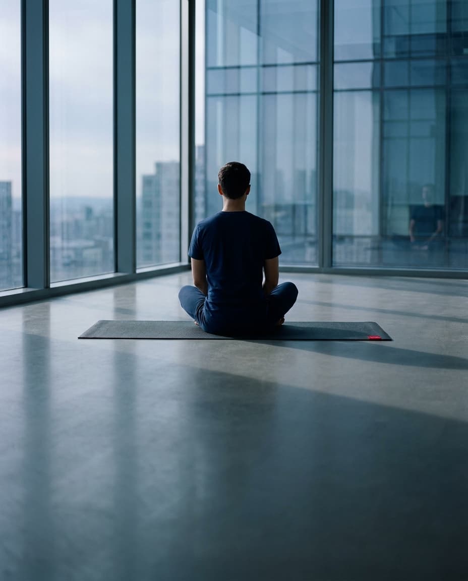 Person in ruhiger Meditation in einem modernen Büro mit Skyline